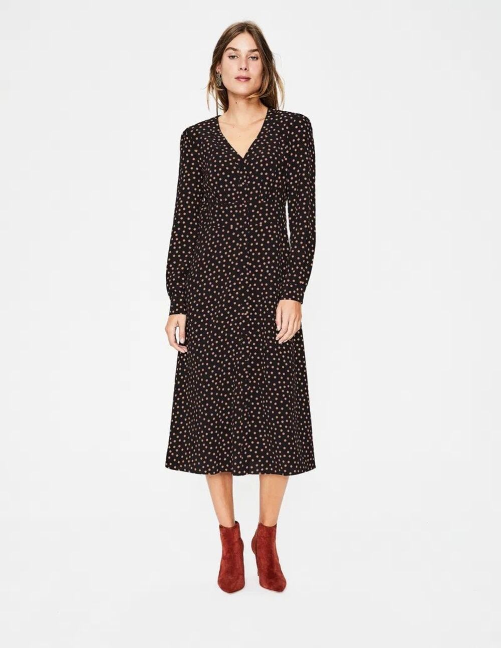 New Boden Elsie Midi Dress Black Tan Polka Dot Button Front Long Sleeve Sz 10P
